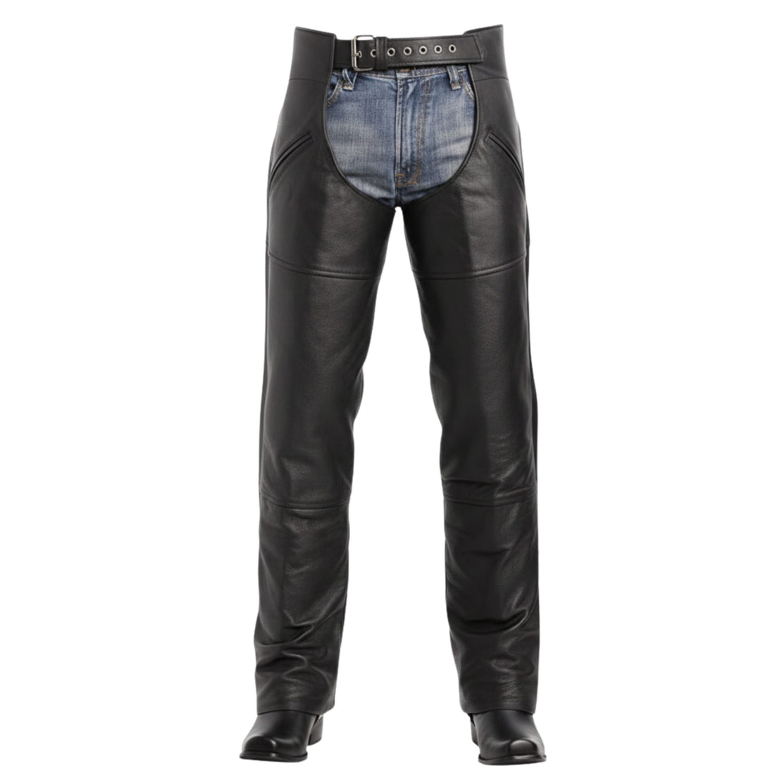 mens black leather chaps front western pro style