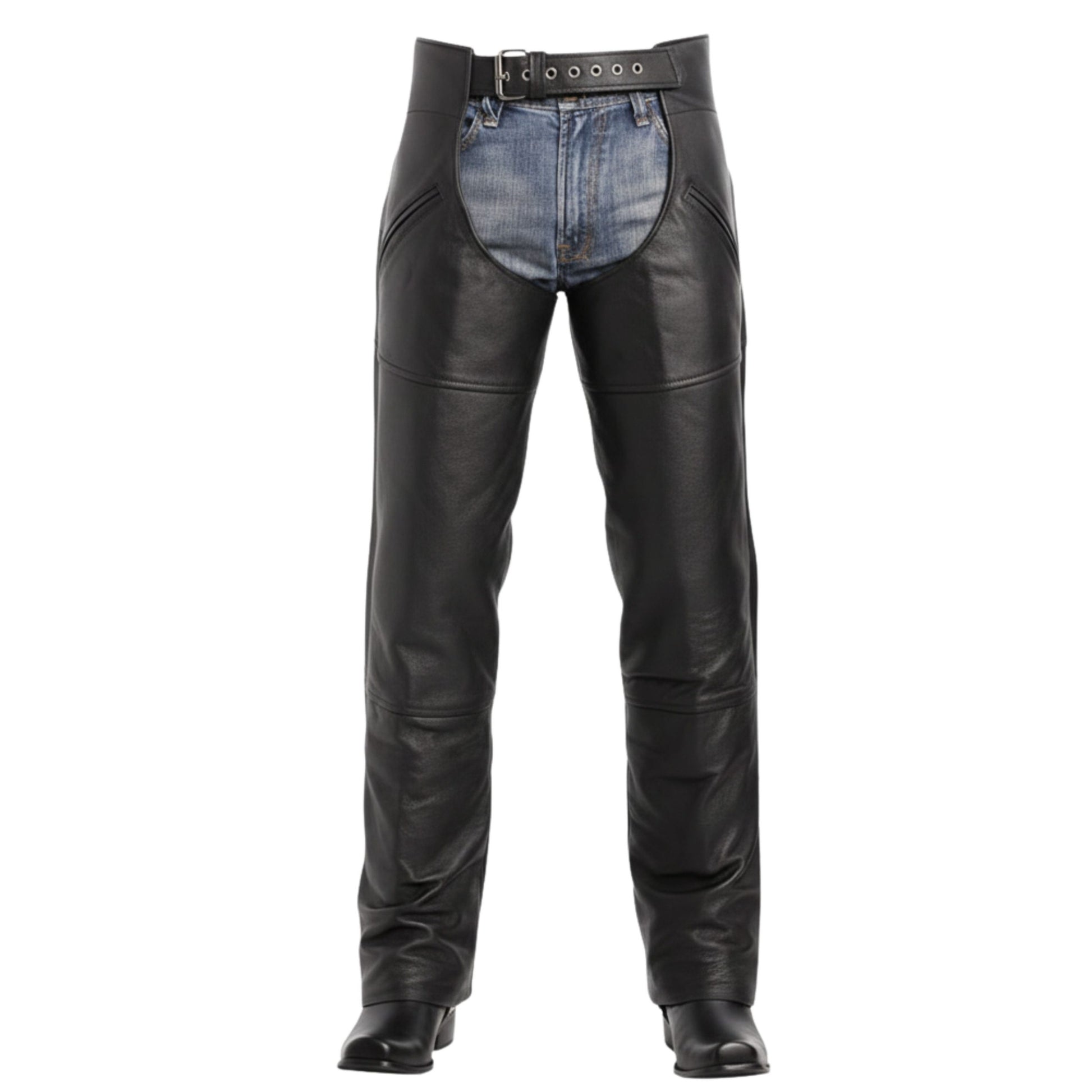mens black leather chaps front western pro style