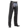 angled view black leather riding chaps men