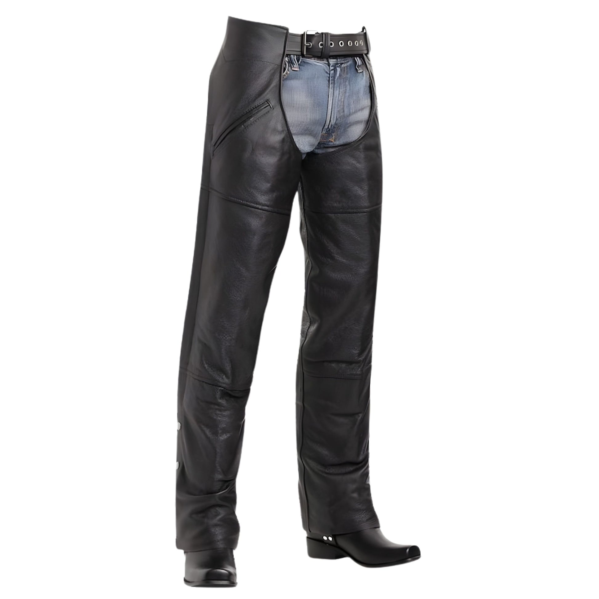 angled view black leather riding chaps men