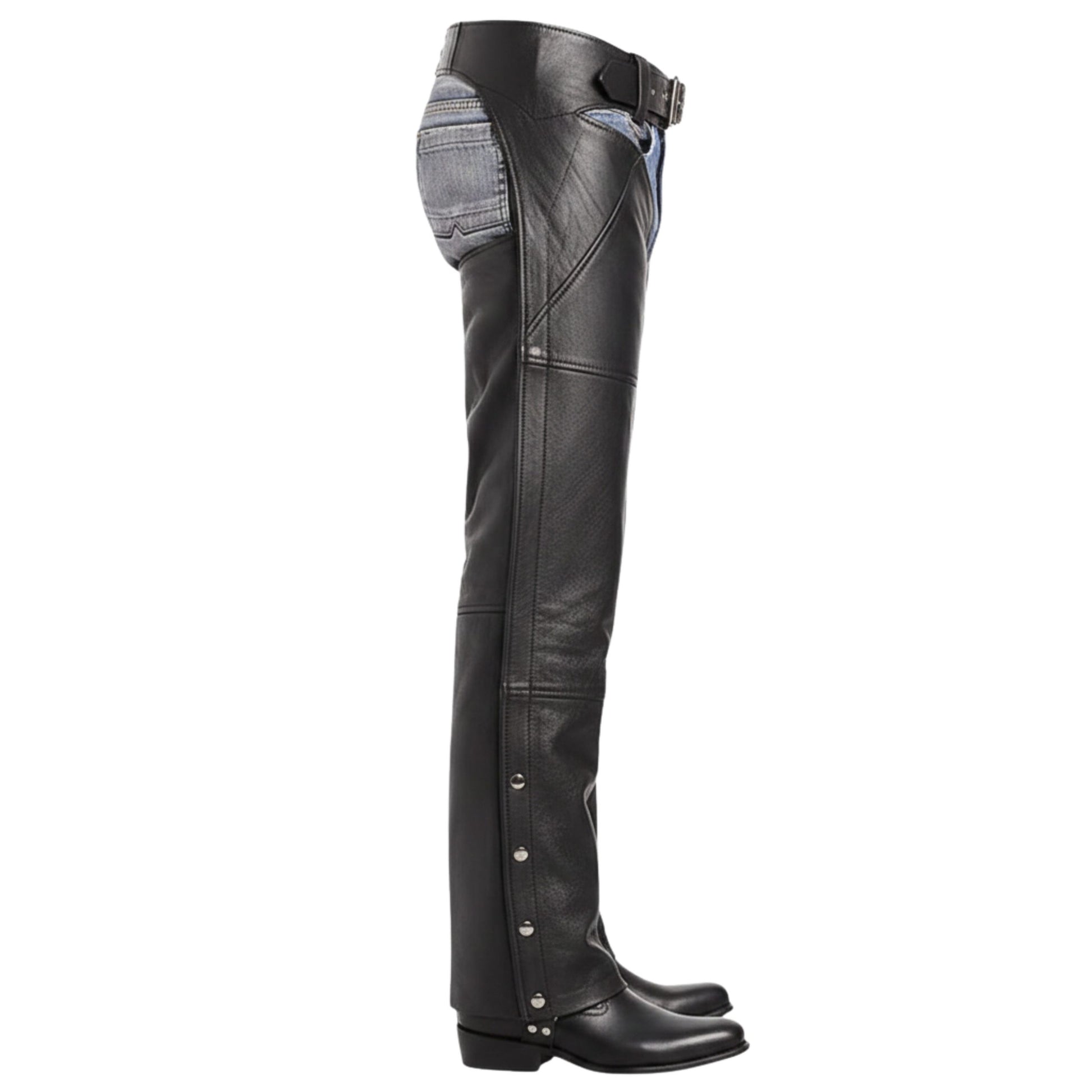 side view full length black leather chaps