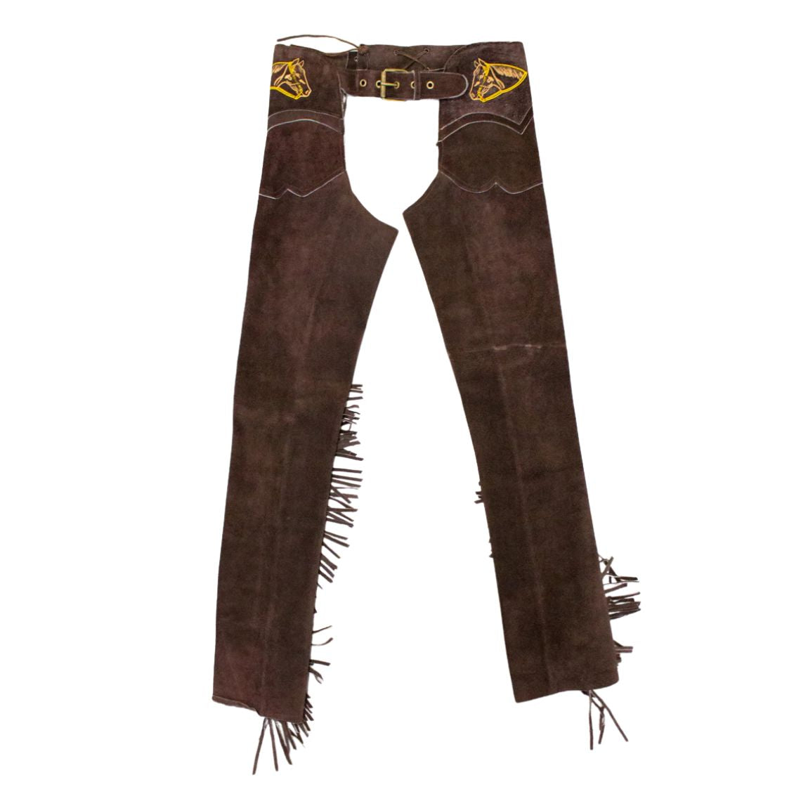mens brown suede fringe leather chaps full front view