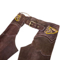 close up suede leather chaps waistband embroidery detail