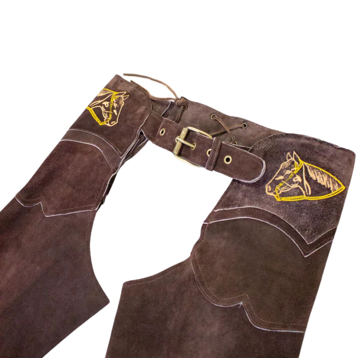 close up suede leather chaps waistband embroidery detail