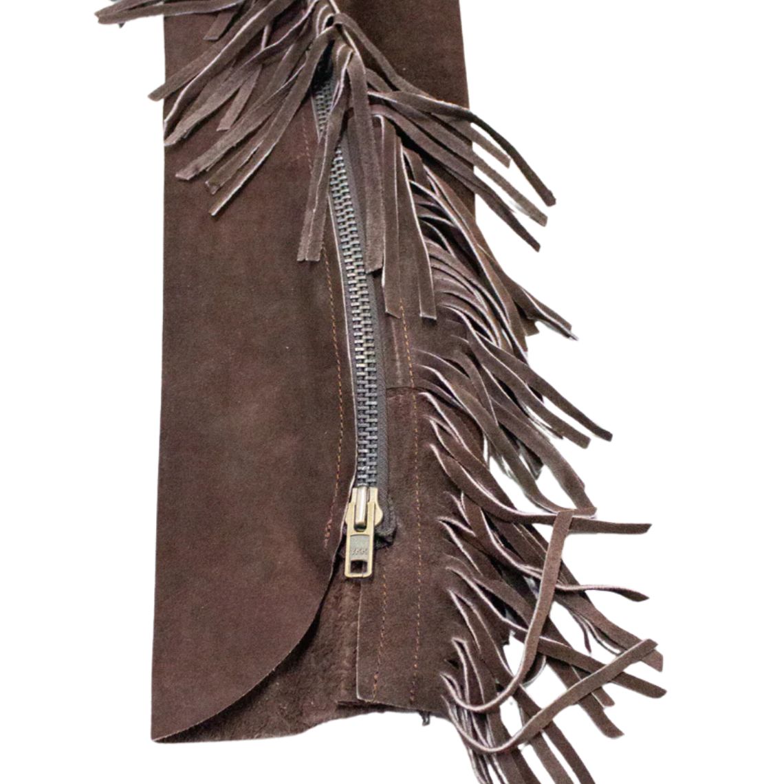 brown fringe leather chaps side zipper detail western style