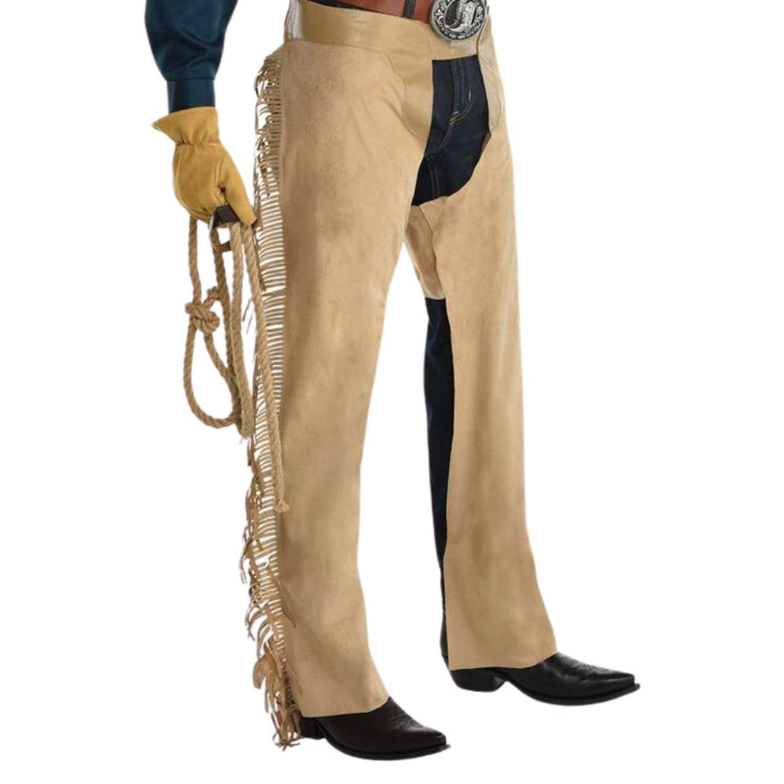 mens tan fringe leather chaps front view western riding style