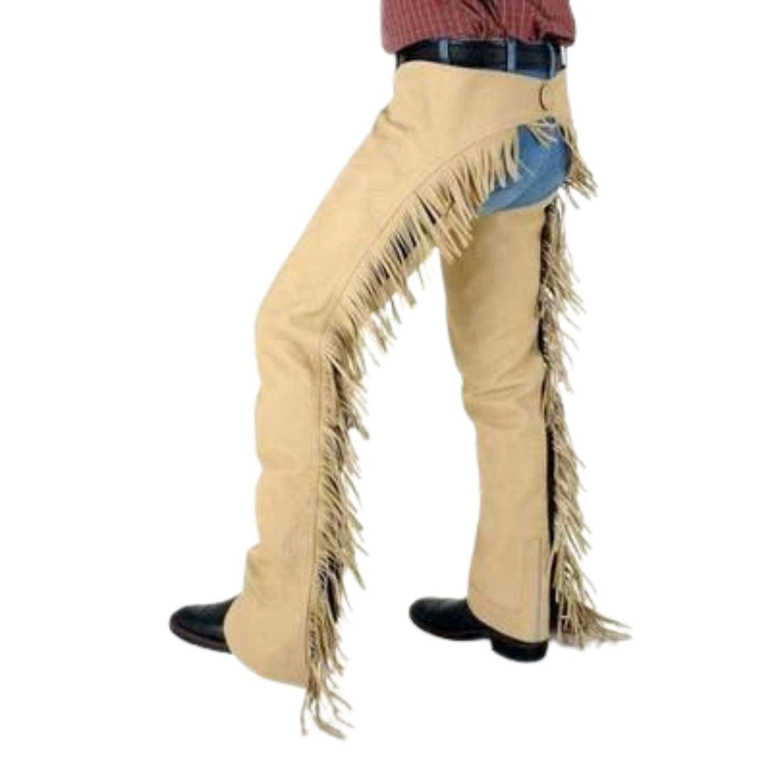mens tan fringe leather chaps front view western riding style
