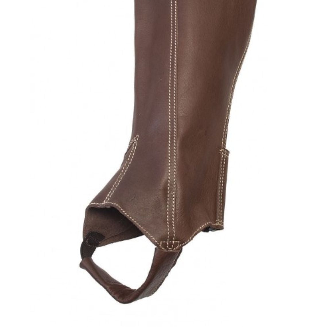 close up brown leather half chaps showing stitching and underfoot strap detail