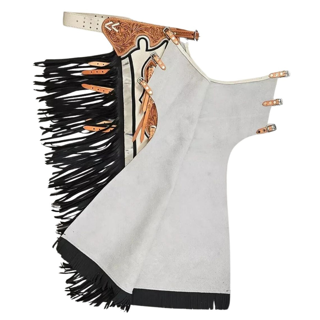 White leather rodeo chaps black fringe western full view