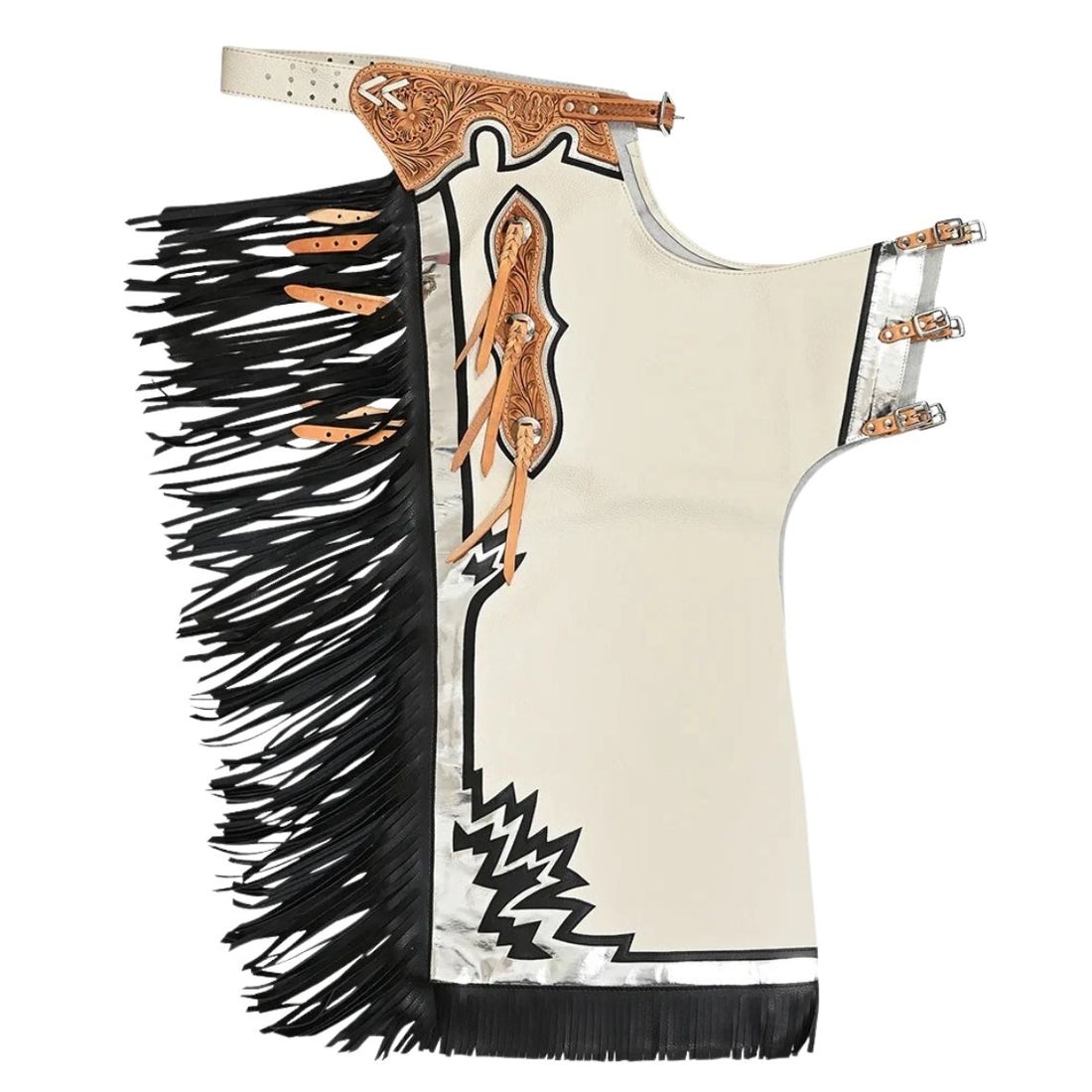 White leather rodeo chaps black fringe western full view