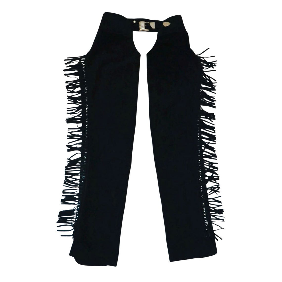 Women black leather fringe chaps front view