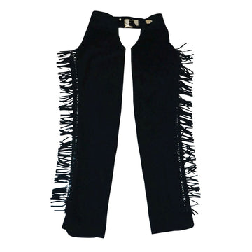 Women black leather fringe chaps front view