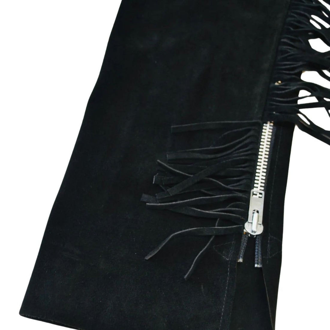 Women black leather fringe chaps front view