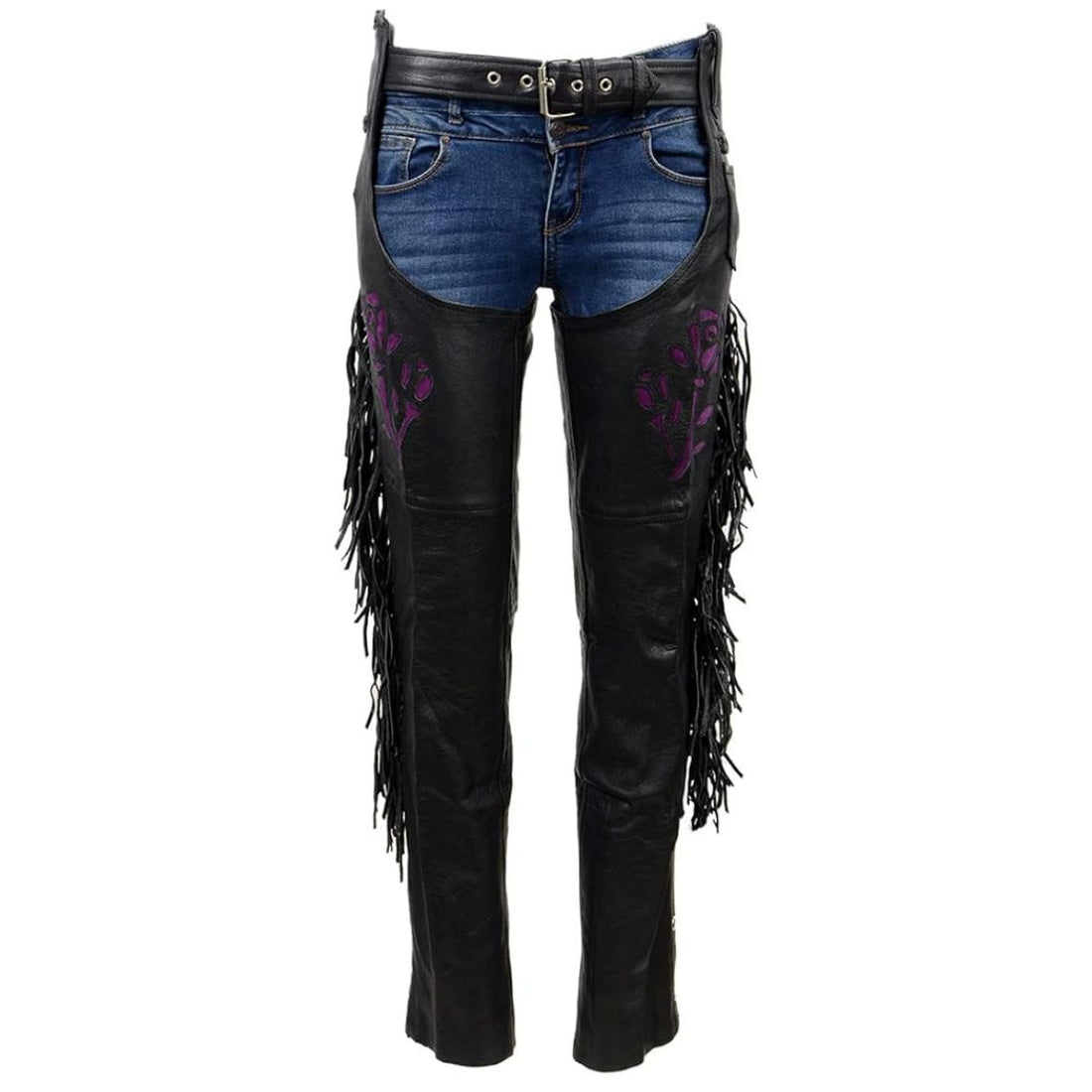 Women black leather fringe chaps pants with purple embroidery front view
