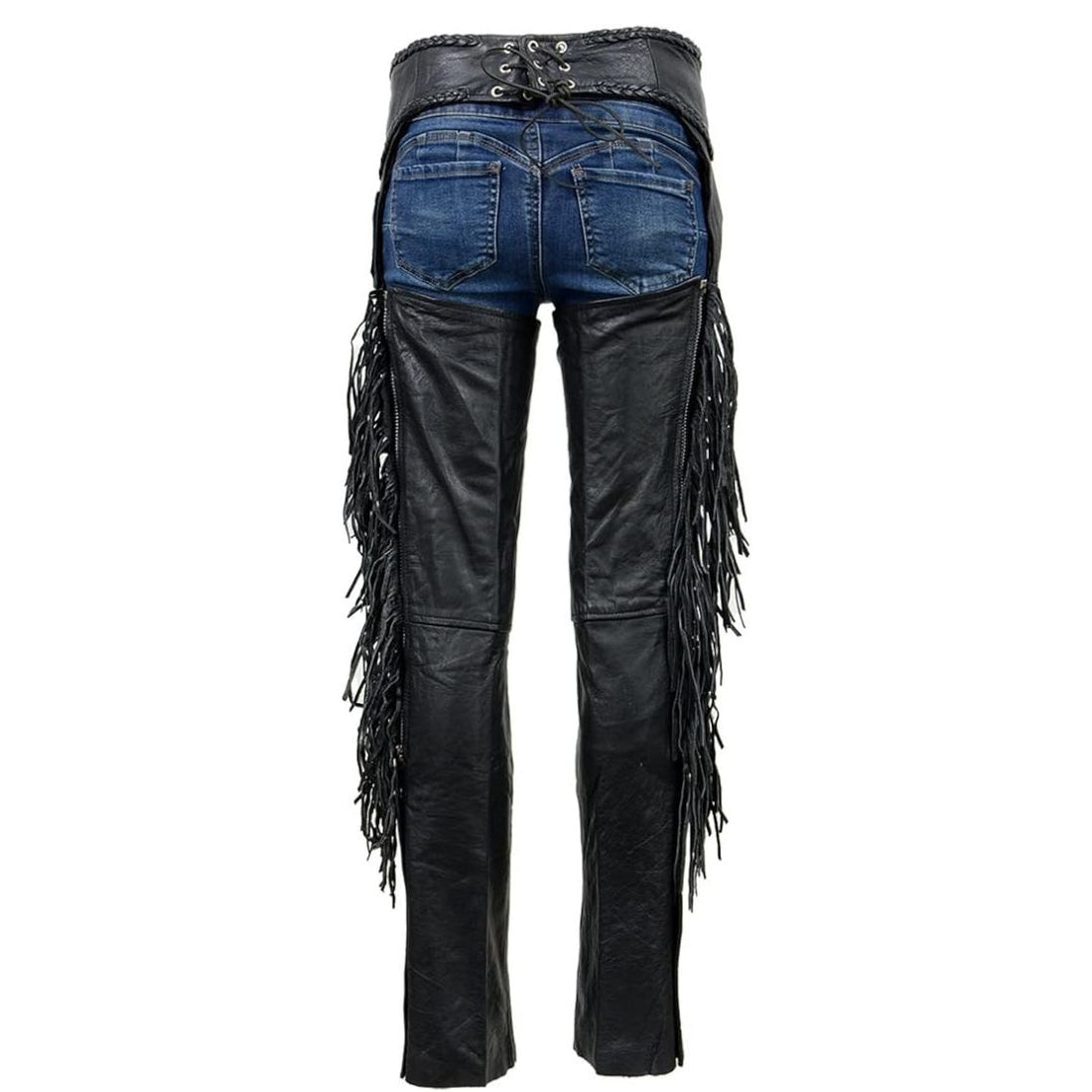 Women black leather fringe chaps pants with purple embroidery front view