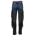 Women western black leather fringe chaps pants back view