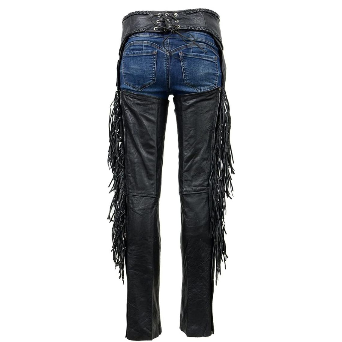 Women western black leather fringe chaps pants back view