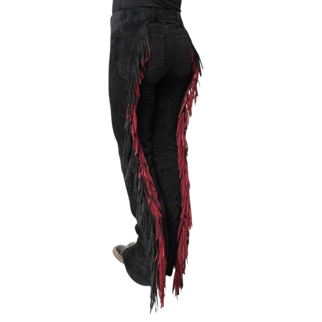 Women black leather fringe chaps with red accents back view
