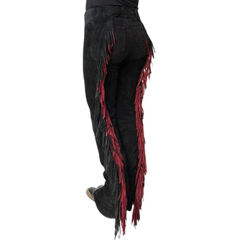 Women black leather fringe chaps with red accents back view