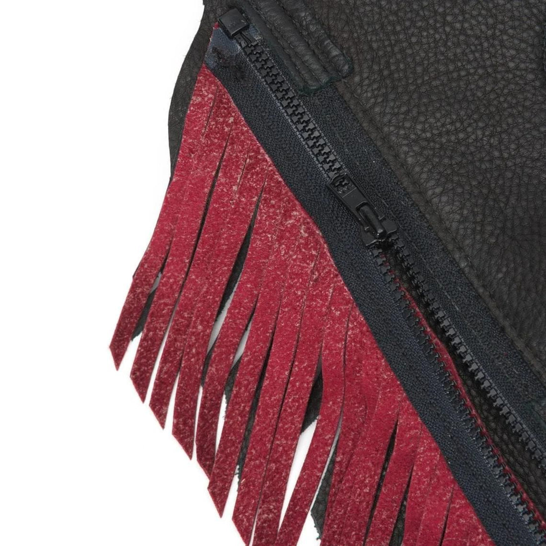 Women black leather fringe chaps with red accents back view