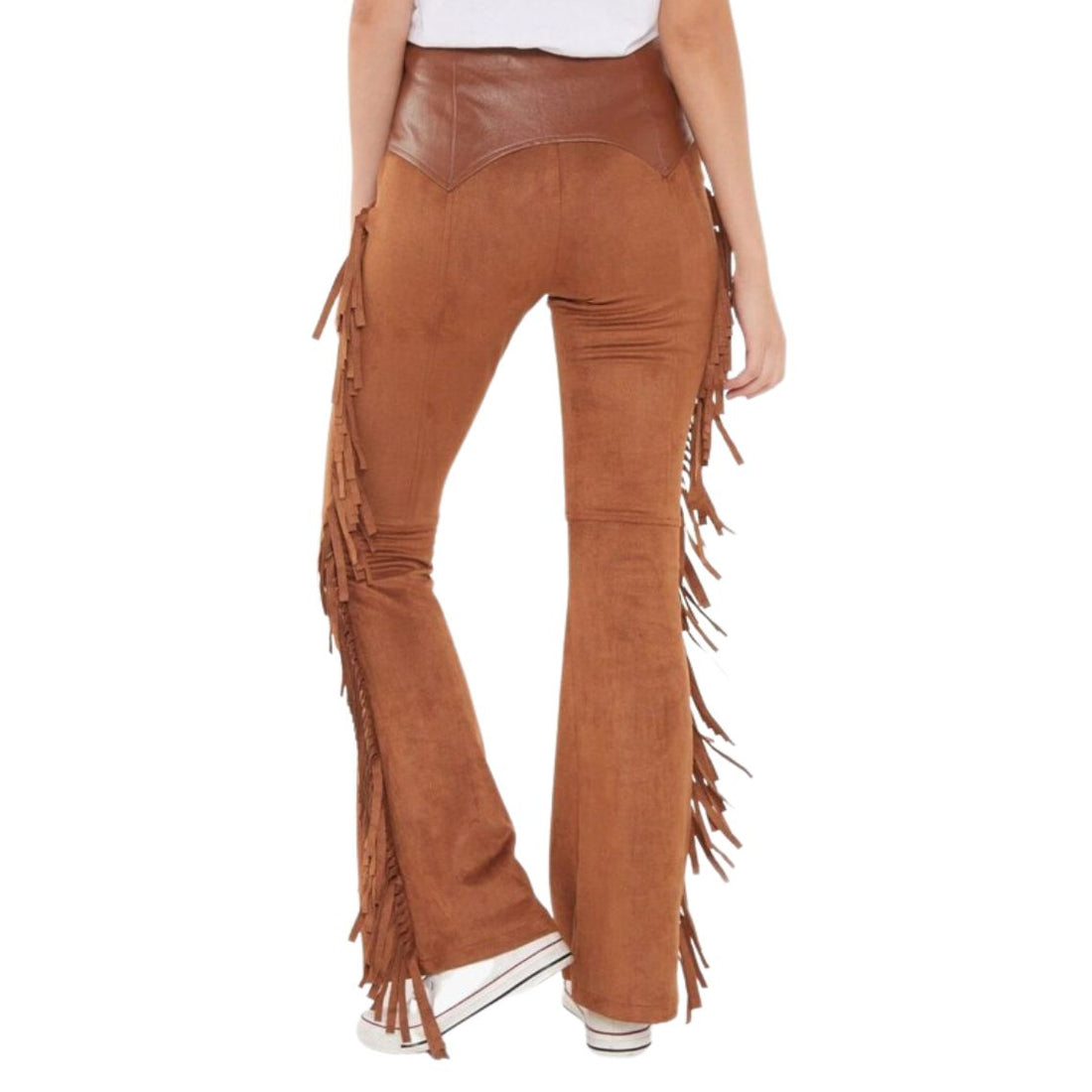 Women brown leather fringe chaps pants front view