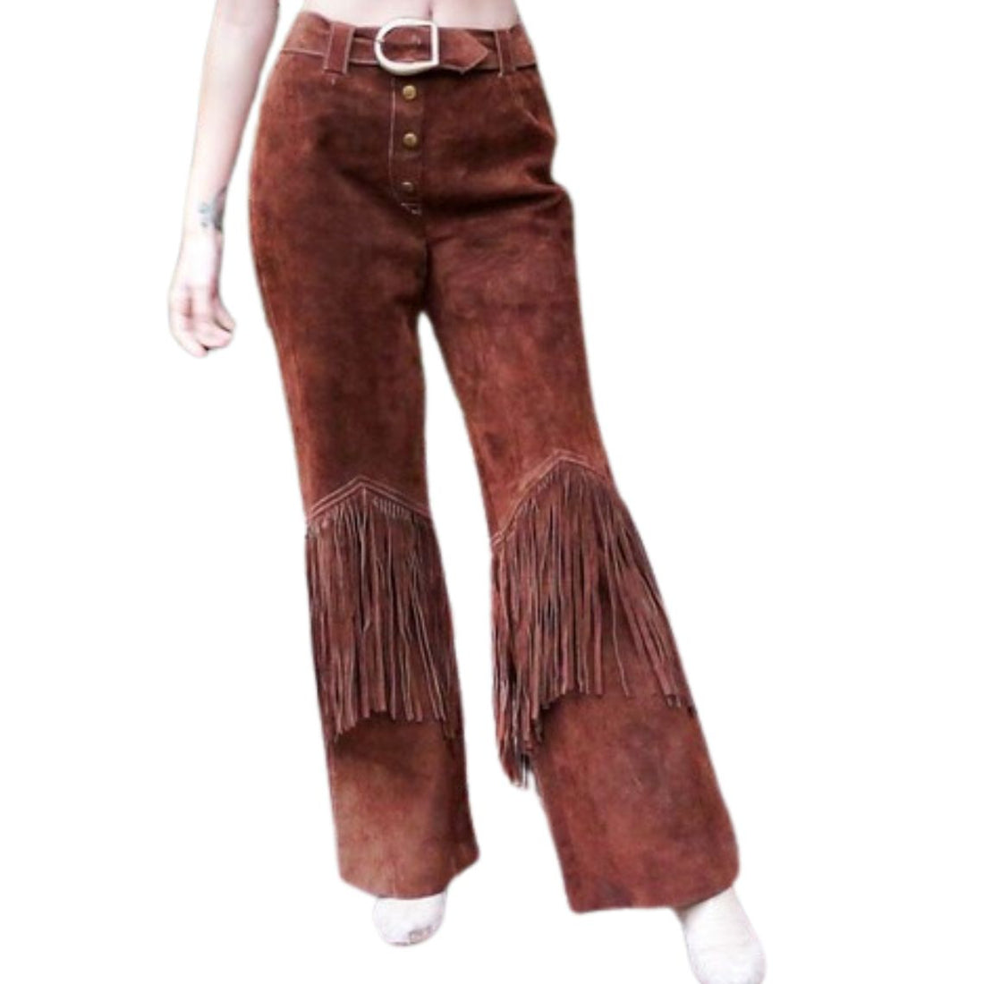 Women brown suede fringe pants front view