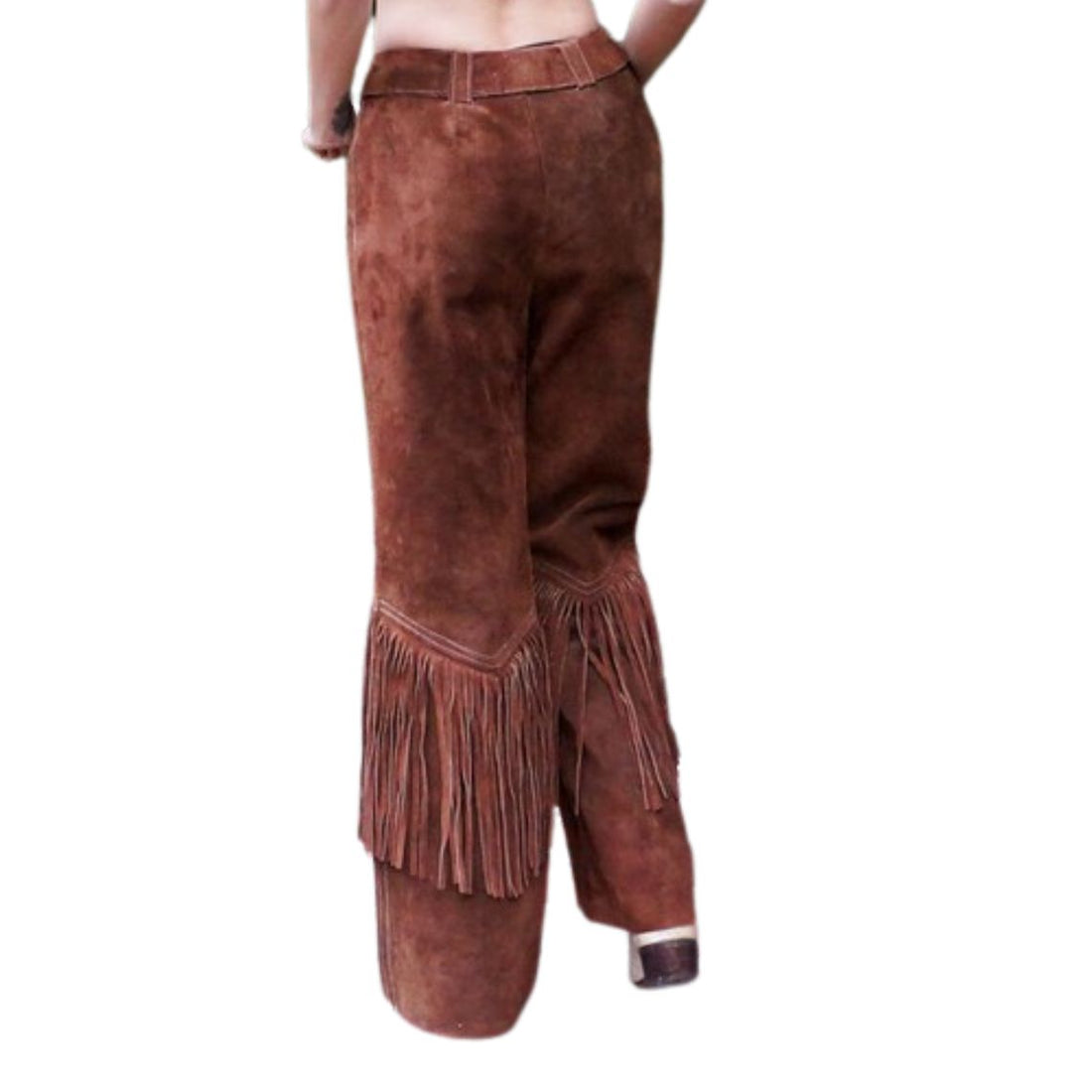 Women brown suede fringe pants front view