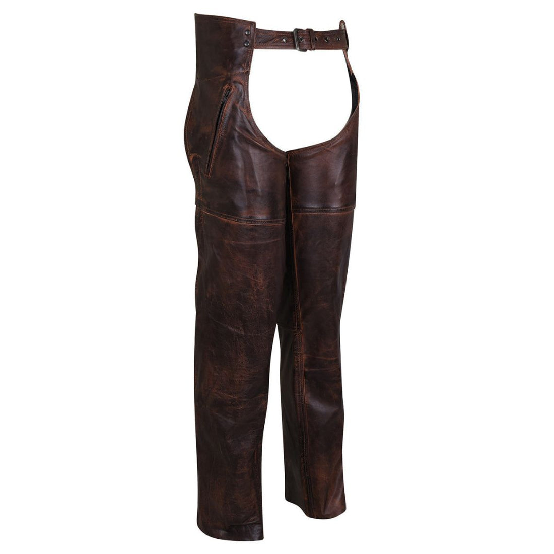 Women distressed brown leather biker chaps front view