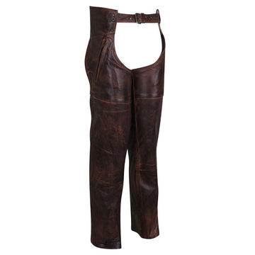 Women distressed brown leather biker chaps front view