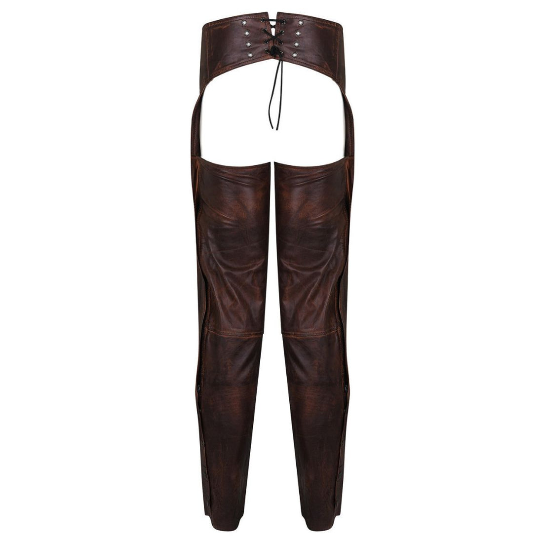 Women distressed brown leather biker chaps front view