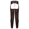 Women brown leather motorcycle chaps back view with lace-up detail