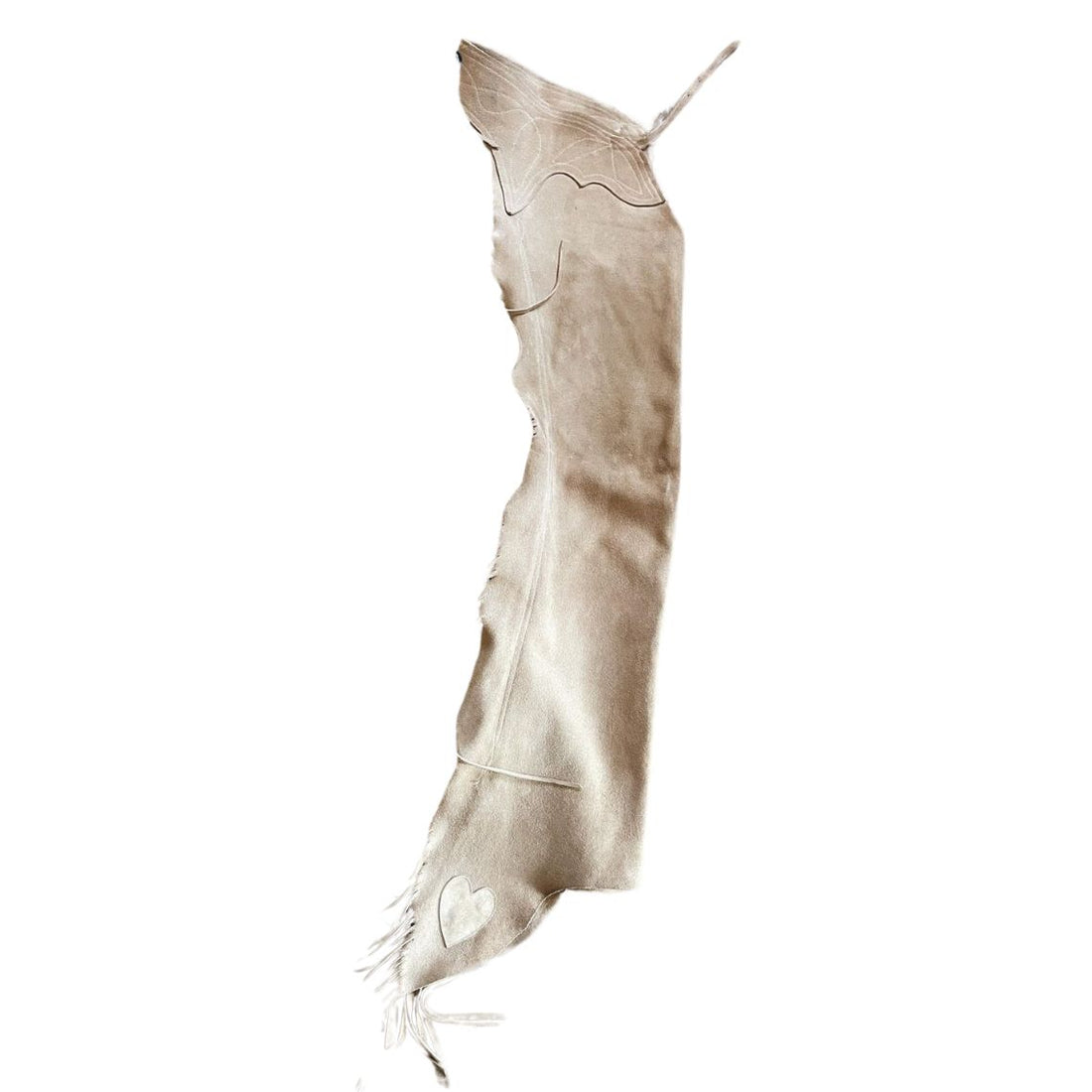 Full front view of women’s beige suede western riding chaps