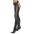 Side view of women’s black lace-up leather assless motorcycle chaps