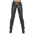 Front view of women’s slim-fit black leather biker chaps with lace-up sides