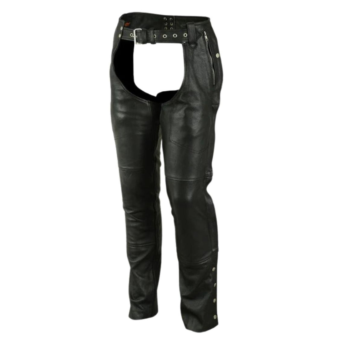 Women’s black leather motorcycle chaps with zipper pocket front view