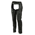 Women’s black leather motorcycle chaps with zipper pocket front view