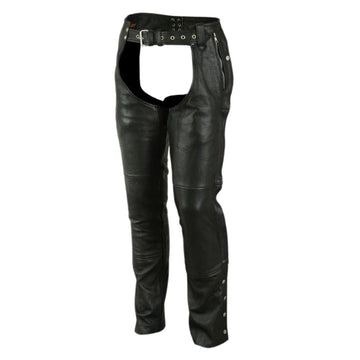 Women’s black leather motorcycle chaps with zipper pocket front view