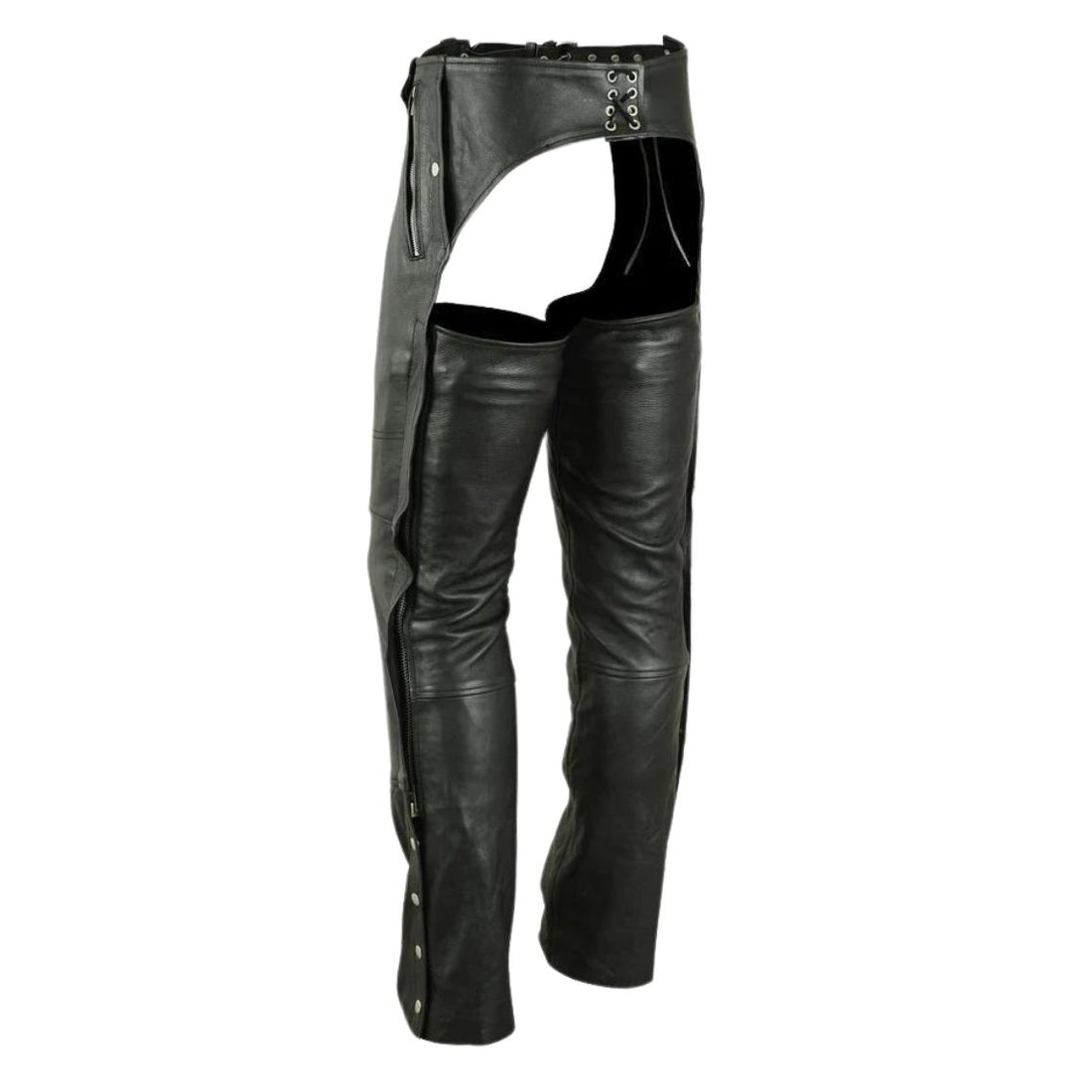 Women’s black leather motorcycle chaps with zipper pocket front view