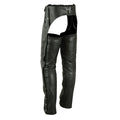 Women’s leather biker chaps side view showing zip pocket and adjustable fit