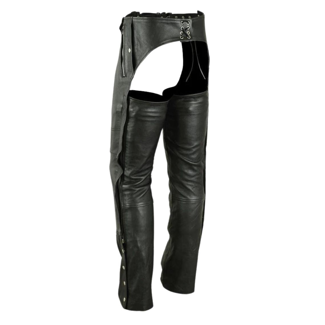 Women’s leather biker chaps side view showing zip pocket and adjustable fit