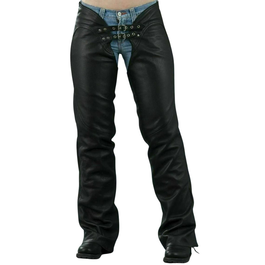 Women black leather biker chaps front view with double buckle waist