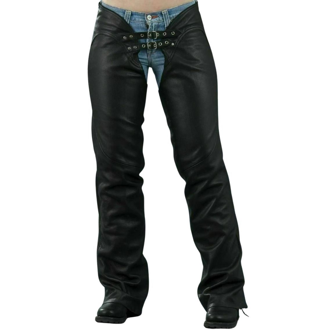 Women black leather biker chaps front view with double buckle waist