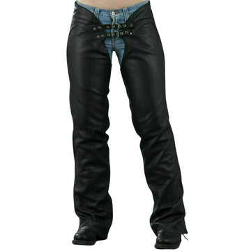 Women black leather biker chaps front view with double buckle waist