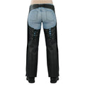 Women black leather motorcycle chaps back view with lace-up detail