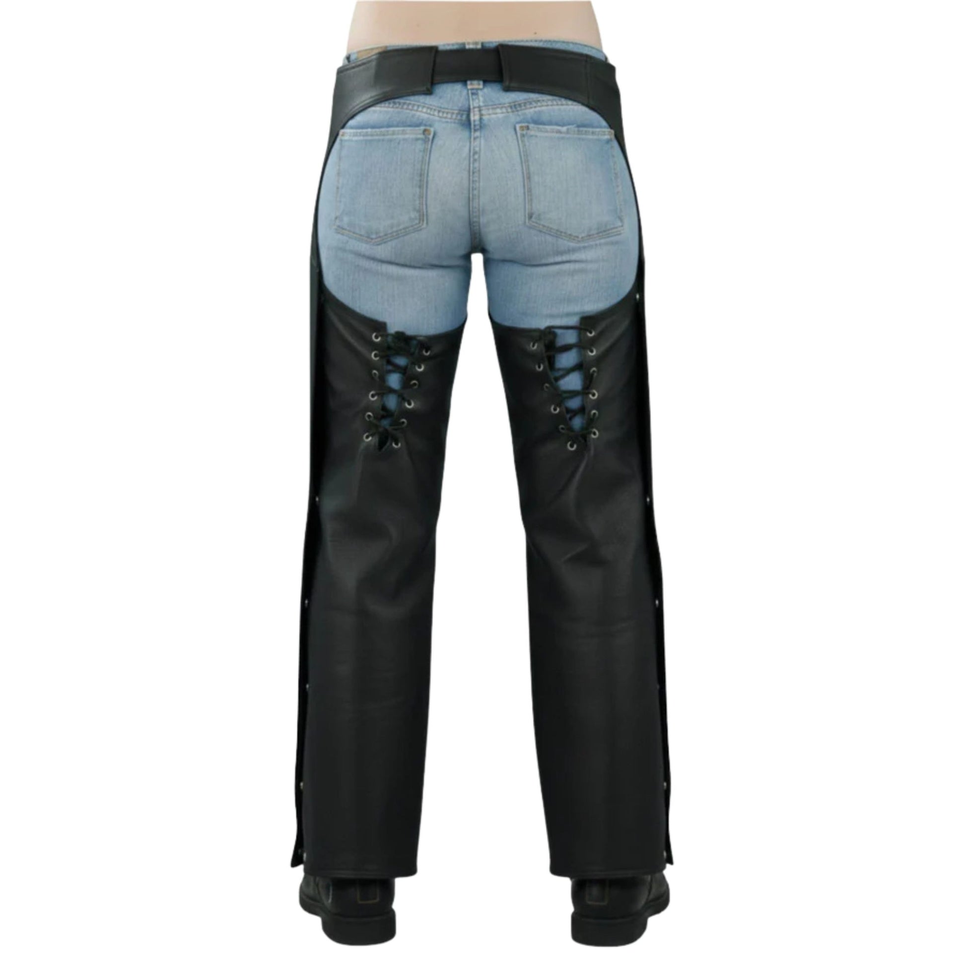Women black leather motorcycle chaps back view with lace-up detail