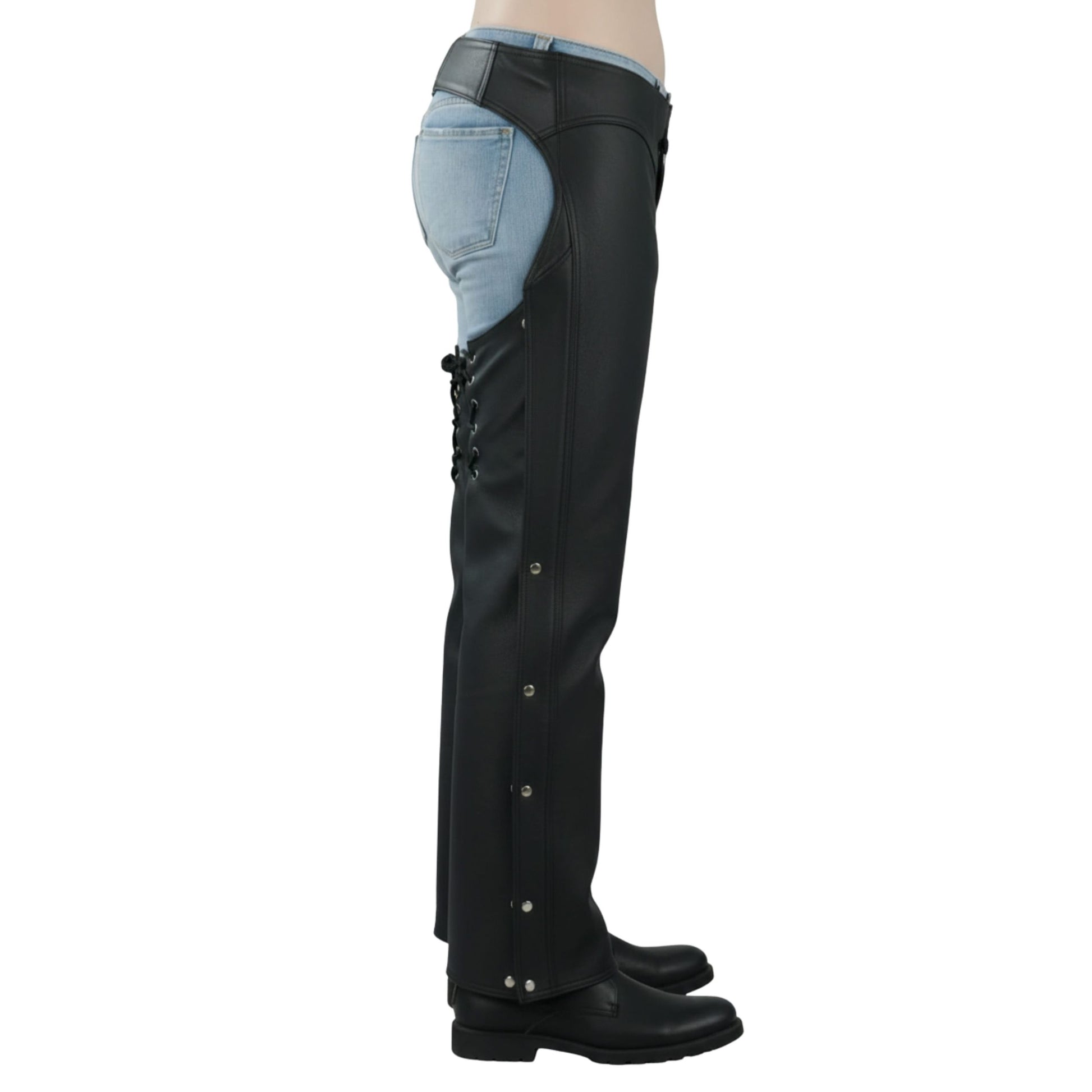 Side view of women black leather riding chaps with snap closures