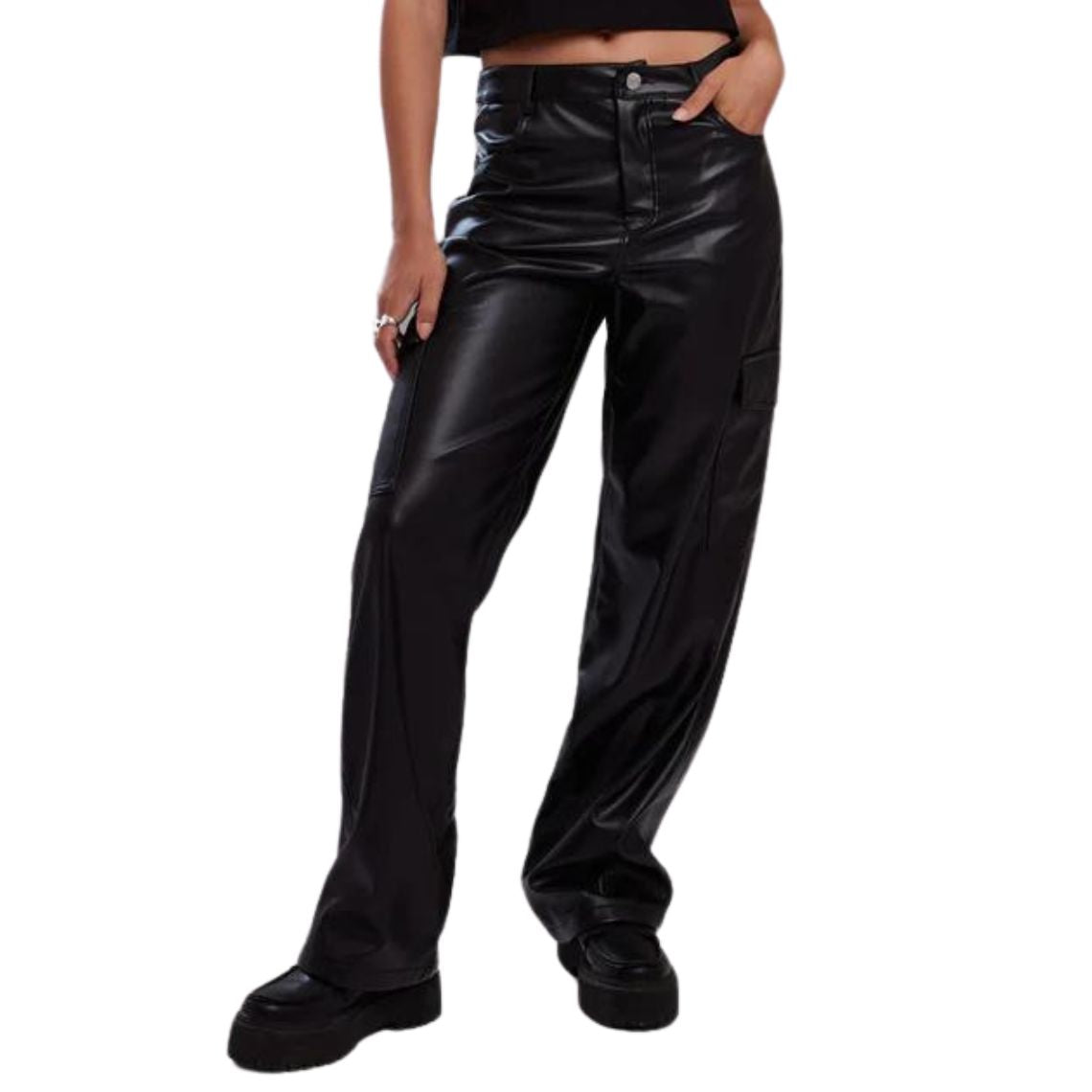Women black leather cargo pants front view high waist relaxed fit