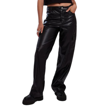 Women black leather cargo pants front view high waist relaxed fit