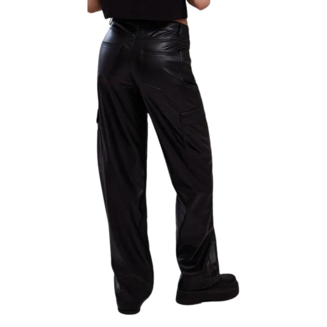 Women black leather cargo pants front view high waist relaxed fit