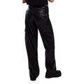 Women black leather cargo pants back view with straight leg design